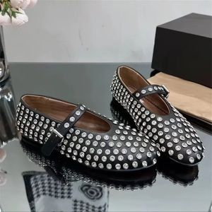 Embellished Faux Leather Ballet Flats in Black